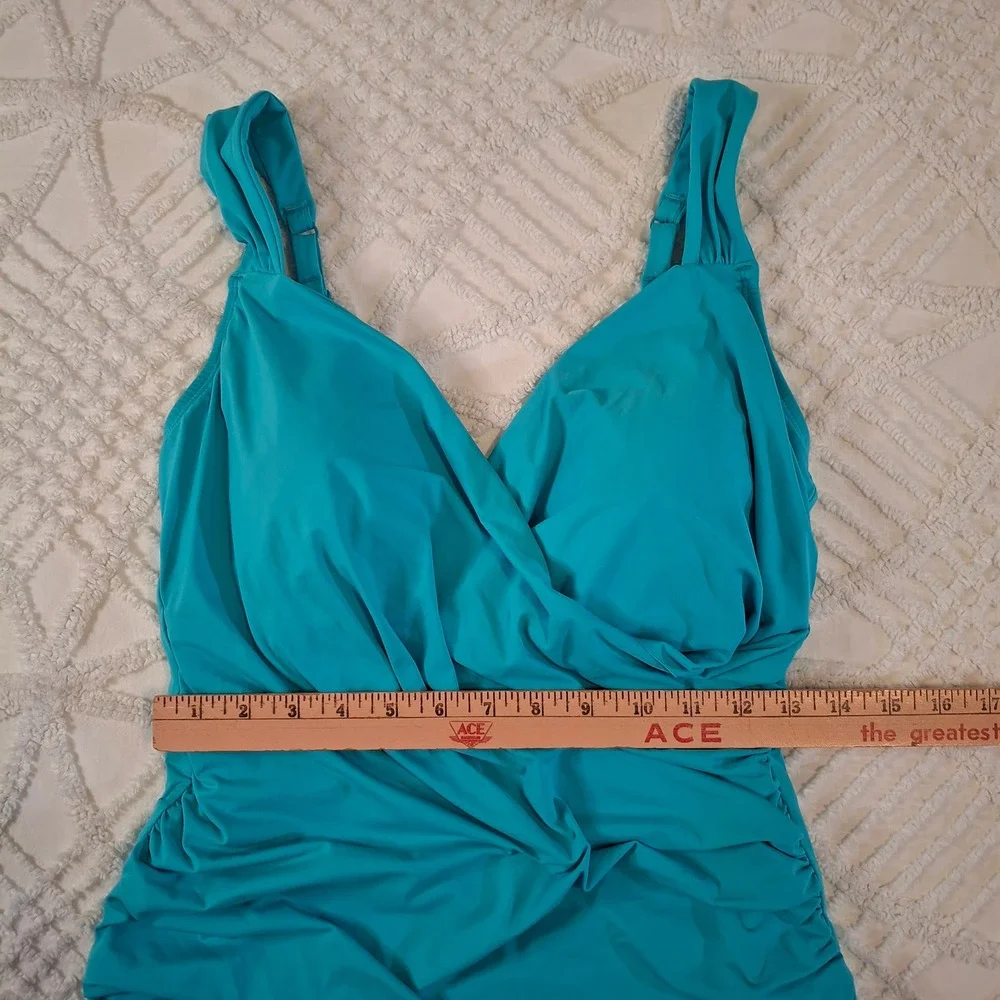 JANTZEN Women 14 One‎ Piece Swimsuit Blue Surplice Wrap Tummy Control Ruching
